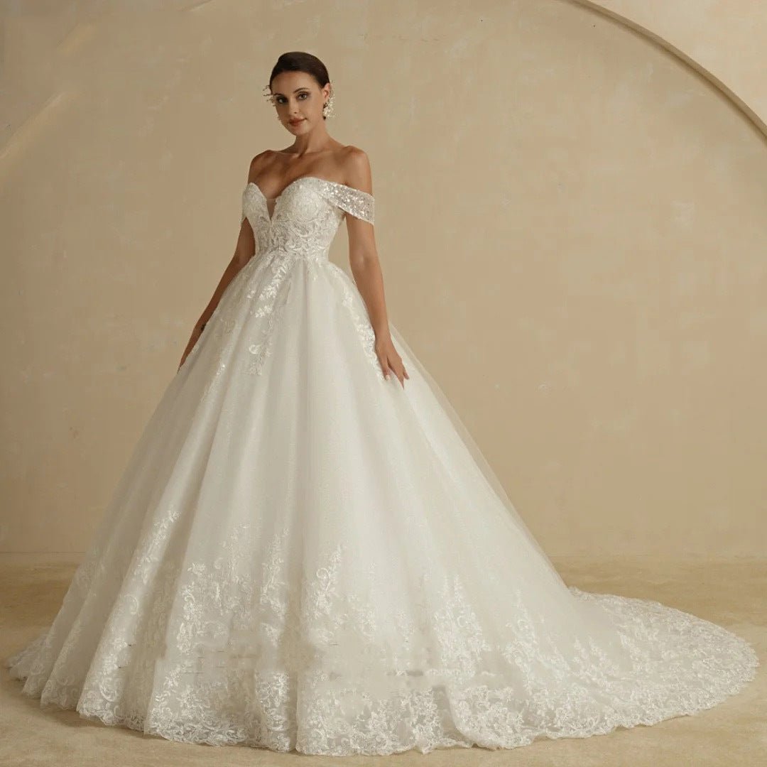 Off-shoulder Bridal Main Wedding Dress Elegant Court Style High-grade Luxury French Light Door Yarn - RICALOUX