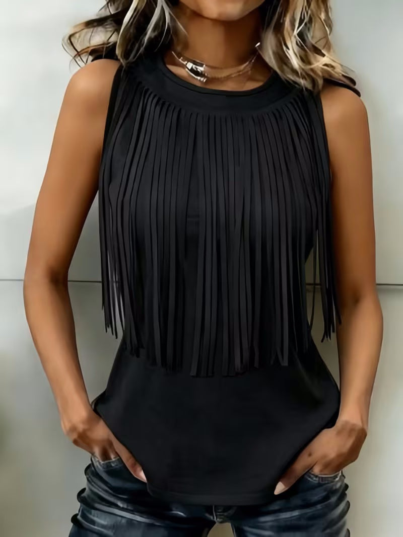 Womens Stylish Casual Tassel Sleeveless Top by Ricaloux