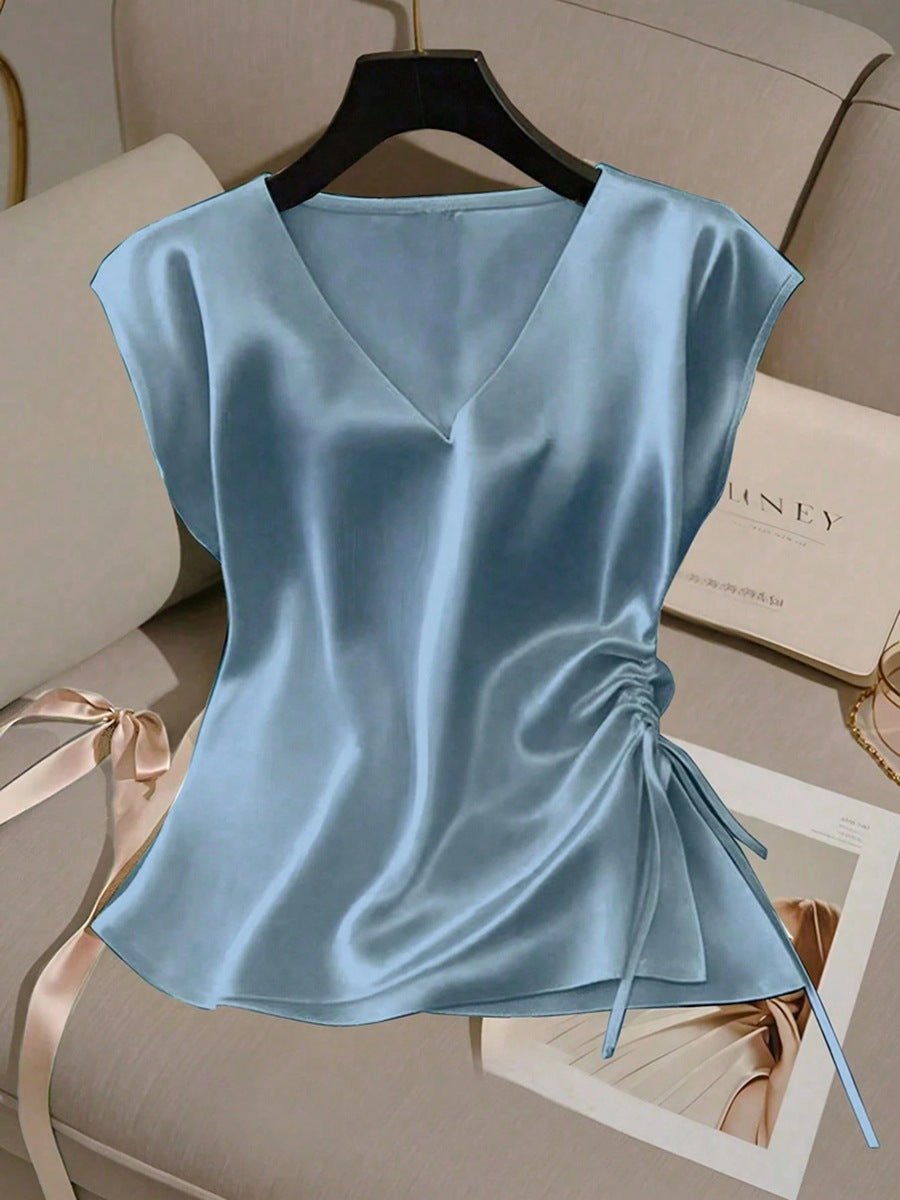 Womens Solid-Color Casual Satin V-Neck Top With Drawstring Hem - RICALOUX