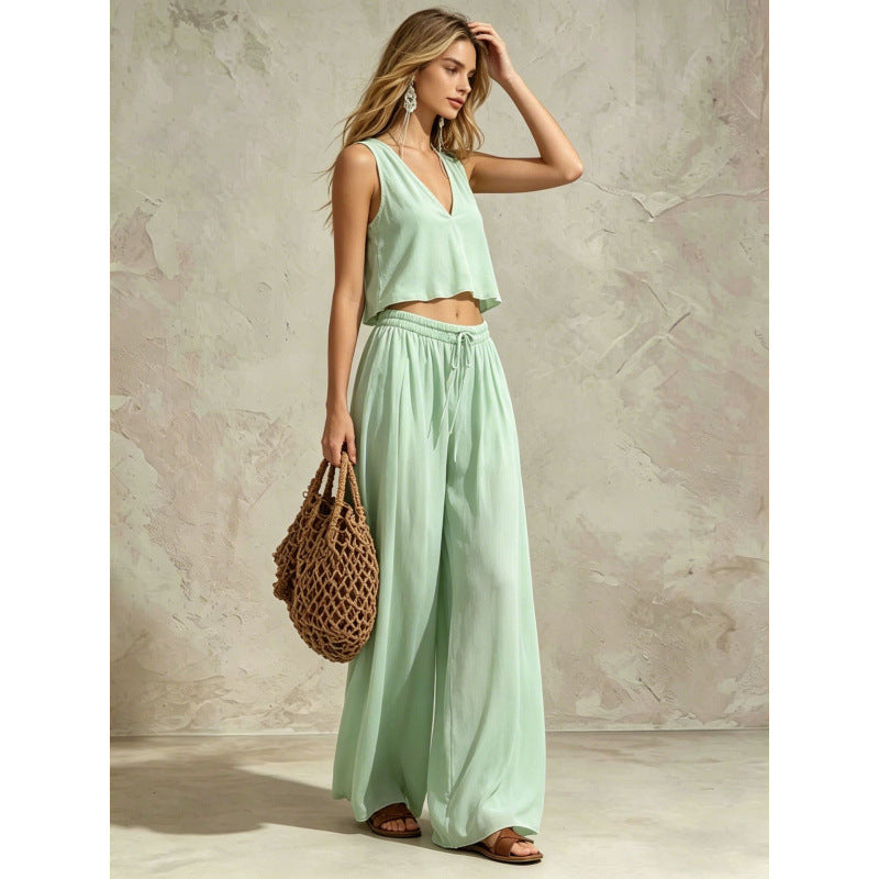 V-neck Solid-color Sleeveless Camisole And Wide-leg Pants Casual Set by Ricaloux