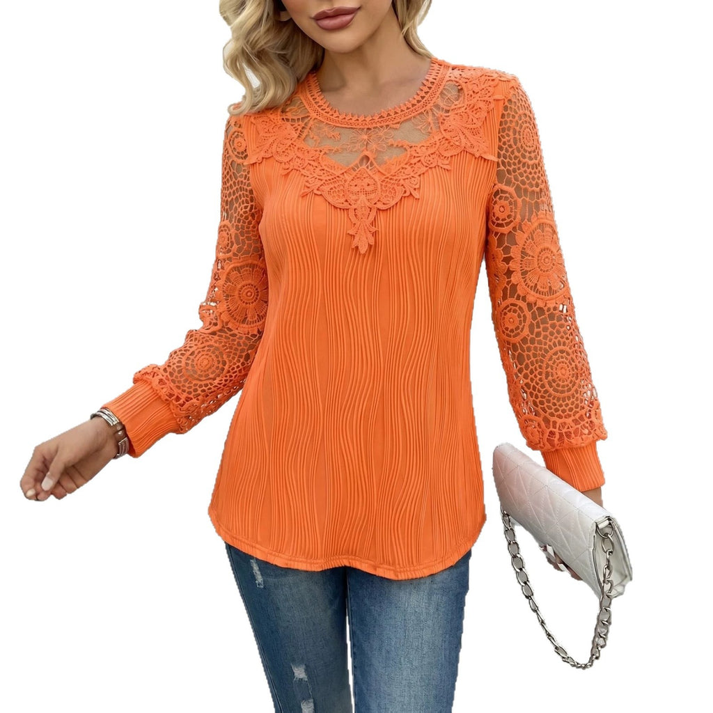 Lace-trimmed Wave-patterned Panel-seam Womens Long-sleeve Blouse by Ricaloux