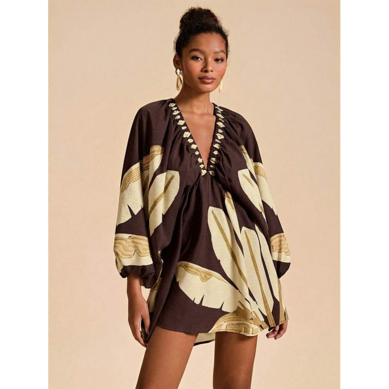 Womens Short Printed Long-Sleeve V-Neck Dress by Ricaloux