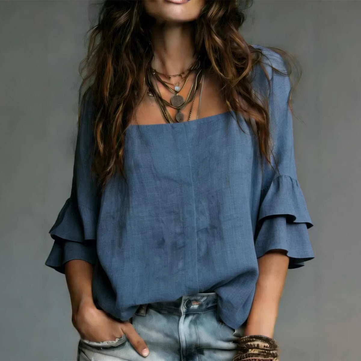 Square-neck Flared Three-quarter-sleeve Casual Shirt by Ricaloux