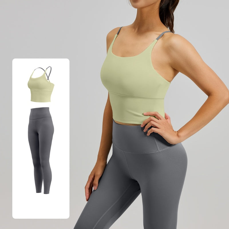 Women's Two-Piece Sports Fitness Outfit With Camisole Top & Long Pants, Color Block Shockproof Yoga Wear For Indoor Training – Premium 4 | RICALOUX