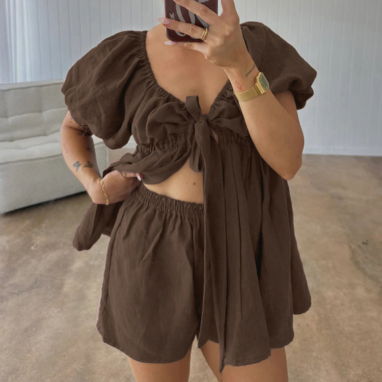 V-neck Puff Sleeve Tie-up Top And Loose Shorts Two-piece Set by Ricaloux