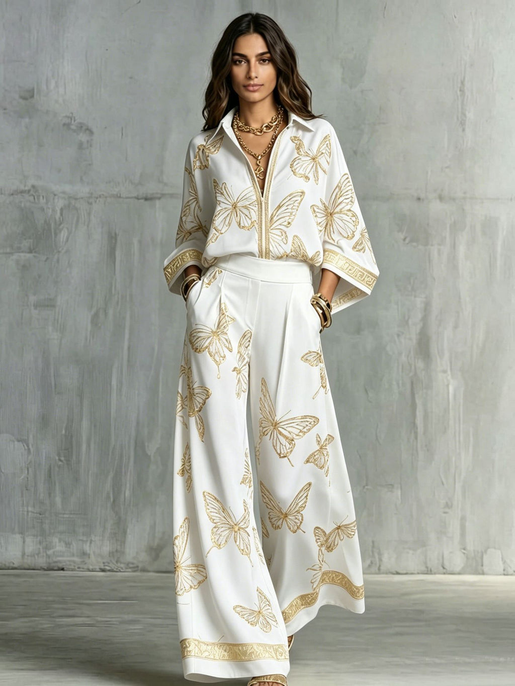 Womens Printed Loose-Fit Zip-Up Top And Wide-Leg Pants Two-Piece Set by Ricaloux