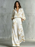 Womens Printed Loose-Fit Zip-Up Top And Wide-Leg Pants Two-Piece Set by Ricaloux
