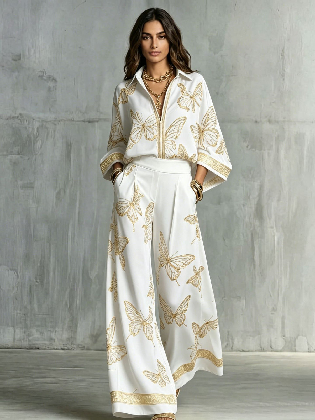 Womens Printed Loose-Fit Zip-Up Top And Wide-Leg Pants Two-Piece Set by Ricaloux