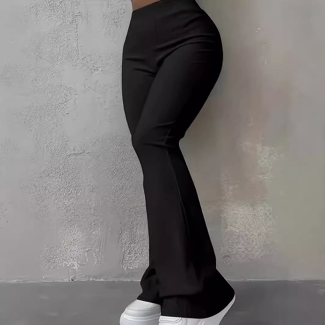 Womens Casual Simple Stylish Slim-Fit Ribbed Solid-Color High-Waisted Trousers by Ricaloux