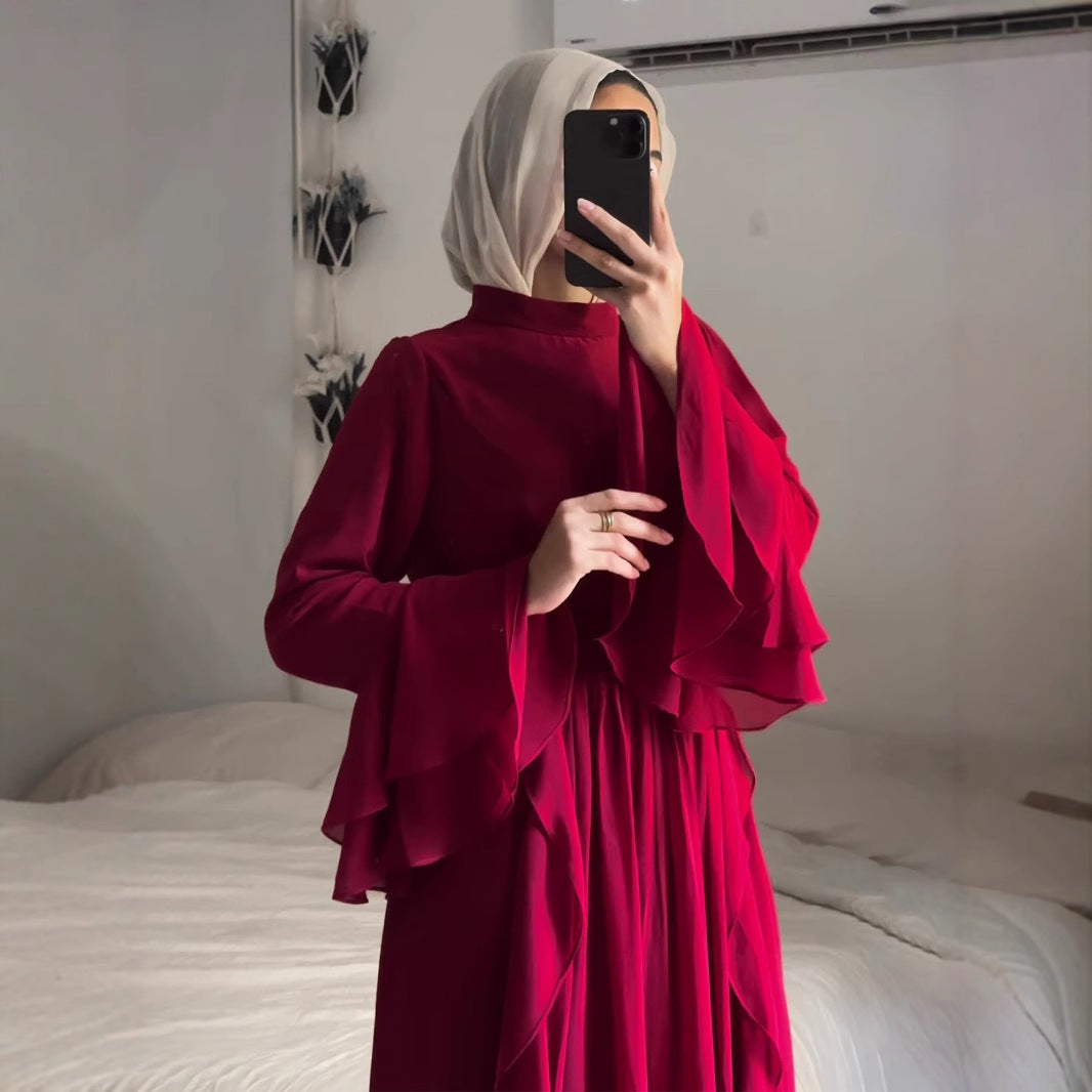 Chiffon Long Dress With Ruffled Trim And Panel Stitching by Ricaloux