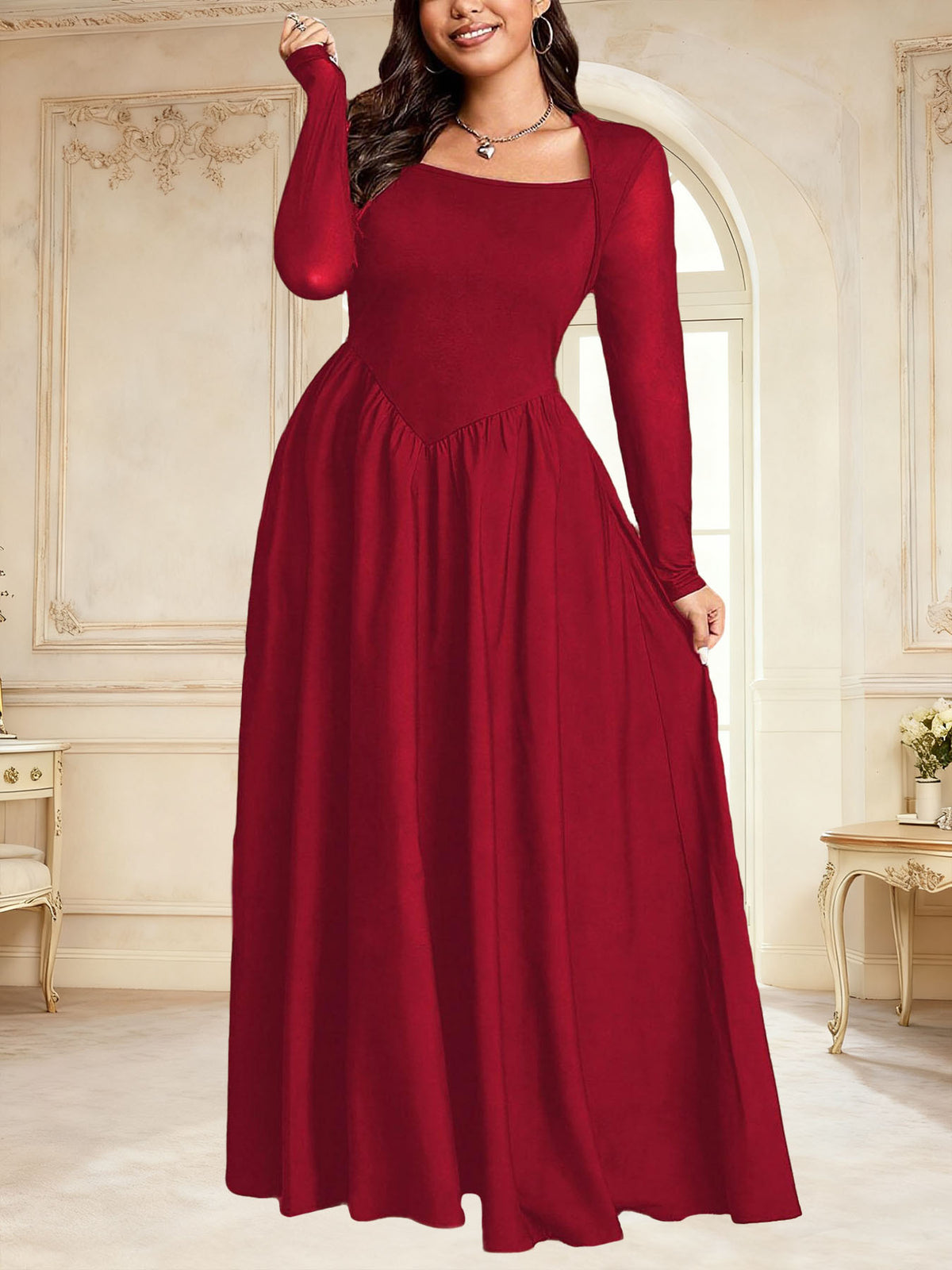 Womens Solid-color Vintage Square-neck Elegant Dress – Premium 0 | RICALOUX