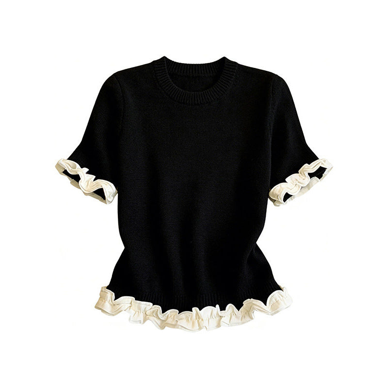Elegant Wood Ear Trimmed Color-block Short-sleeve T-shirt by Ricaloux