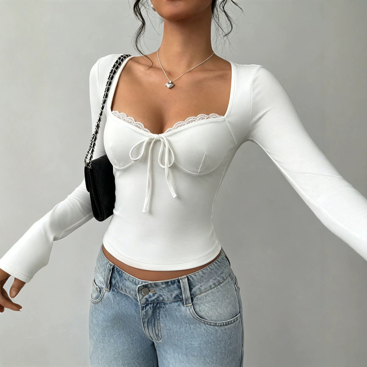 Womens Lace Long-sleeve Tie-front Top – Premium 0 | RICALOUX