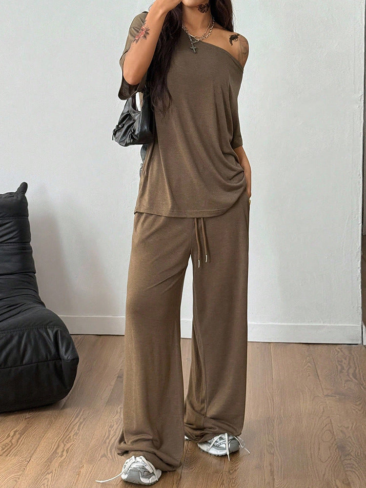 Casual 2 Pieces Set For Woman Two Piece Outfits Blusas T Shirt Tees Simple Style Homewear Loose Solid Color by Ricaloux