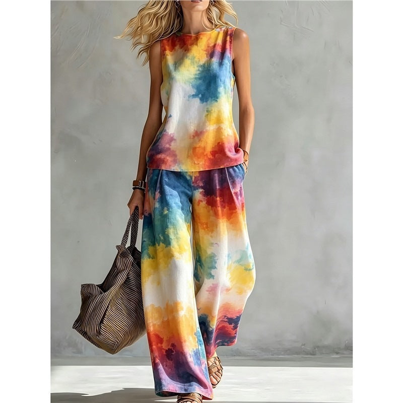 New-style Rainbow Tie-dye Sleeveless Crew-neck Top And Wide-leg Pants Womens Casual Two-piece Set – Premium 0 | RICALOUX