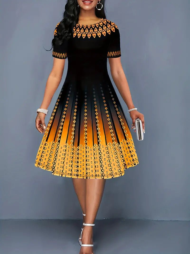 Women's Fashionable Printed Graceful Half Sleeve Waist Dress - RICALOUX
