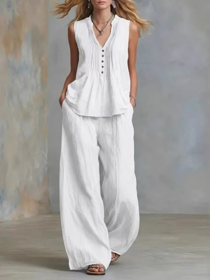 Fashionable Casual Solid-color V-neck Pleated Loose-fit Sleeveless Two-piece Set With Long Pants – Premium 0 | RICALOUX