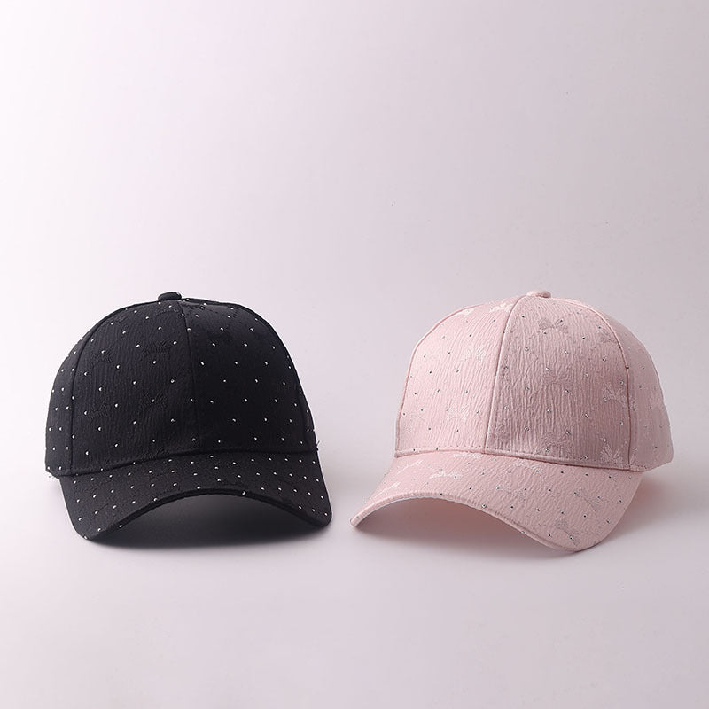 Korean-style Soft Style Bow Tie Rhinestone Baseball Cap With Textured Pleats And Breathable Brim Outdoor Versatile Hat For Outings With A Curved Brim by Ricaloux