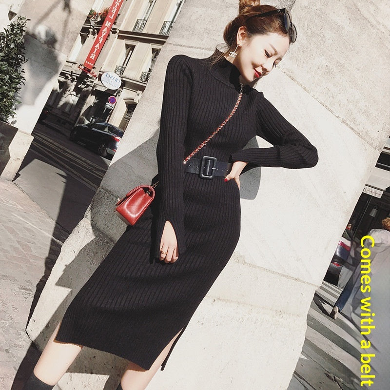 Turtleneck Knitted Split-front Dress by Ricaloux