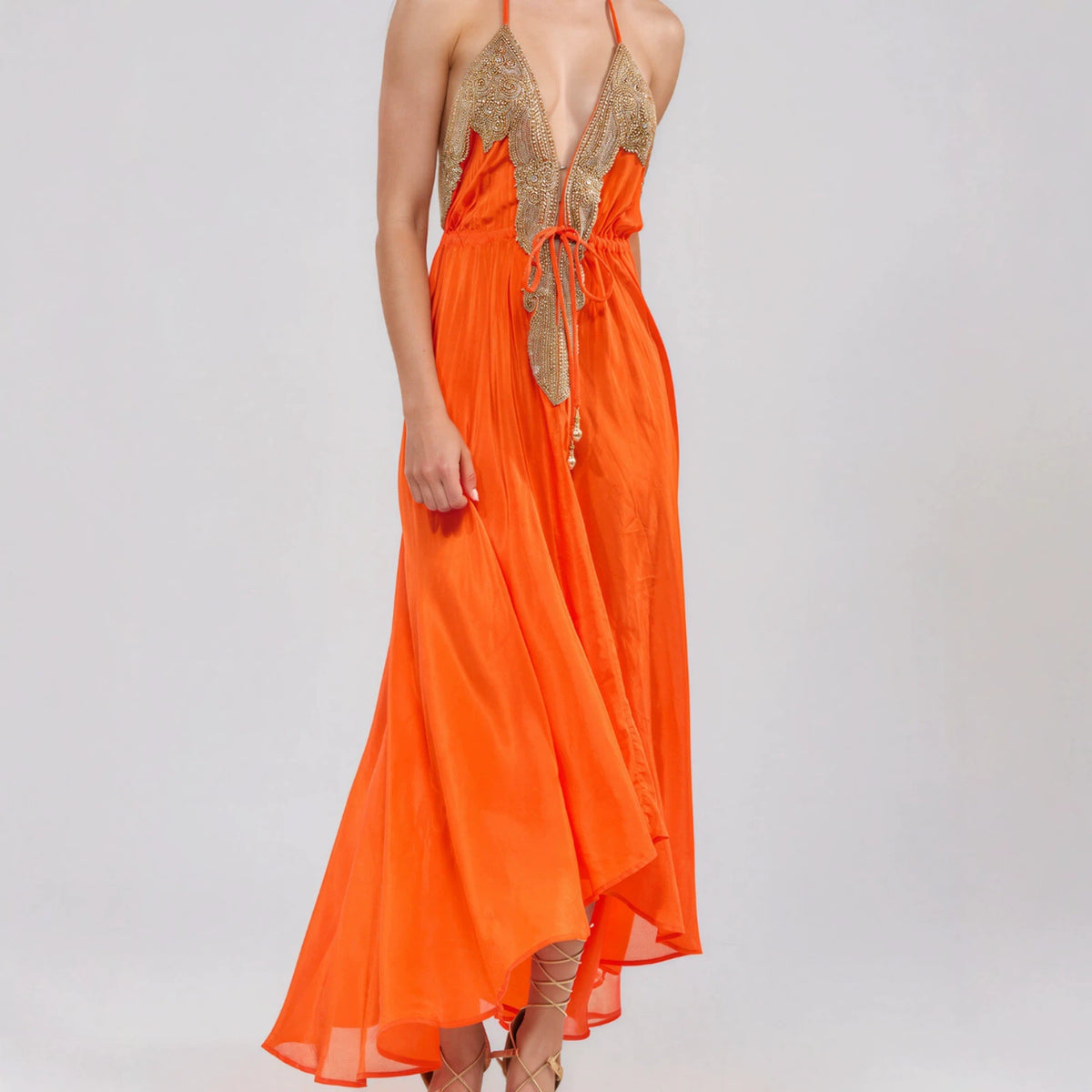 Embroidered Halterneck Drawstring Dress For Women by Ricaloux