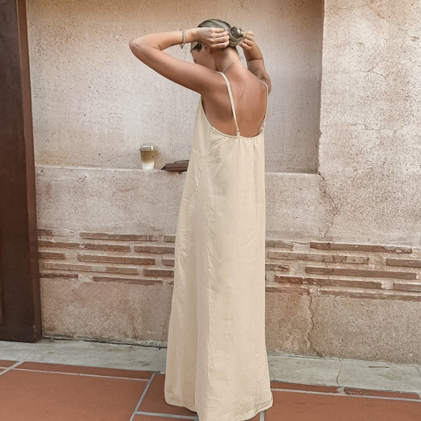 Womens Cotton-linen Strap Backless Dress – Premium 0 | RICALOUX