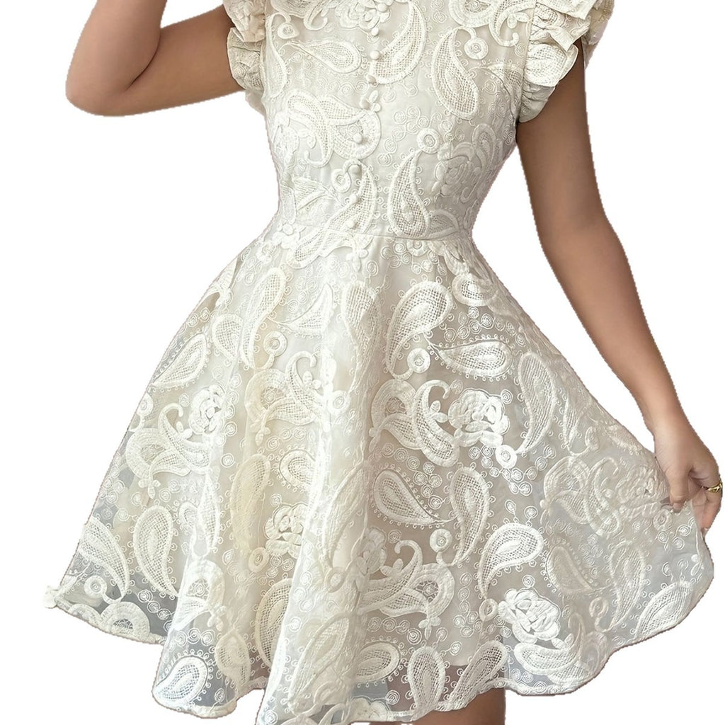 Lace Stand-collar Mini-sleeve Dress For Women by Ricaloux