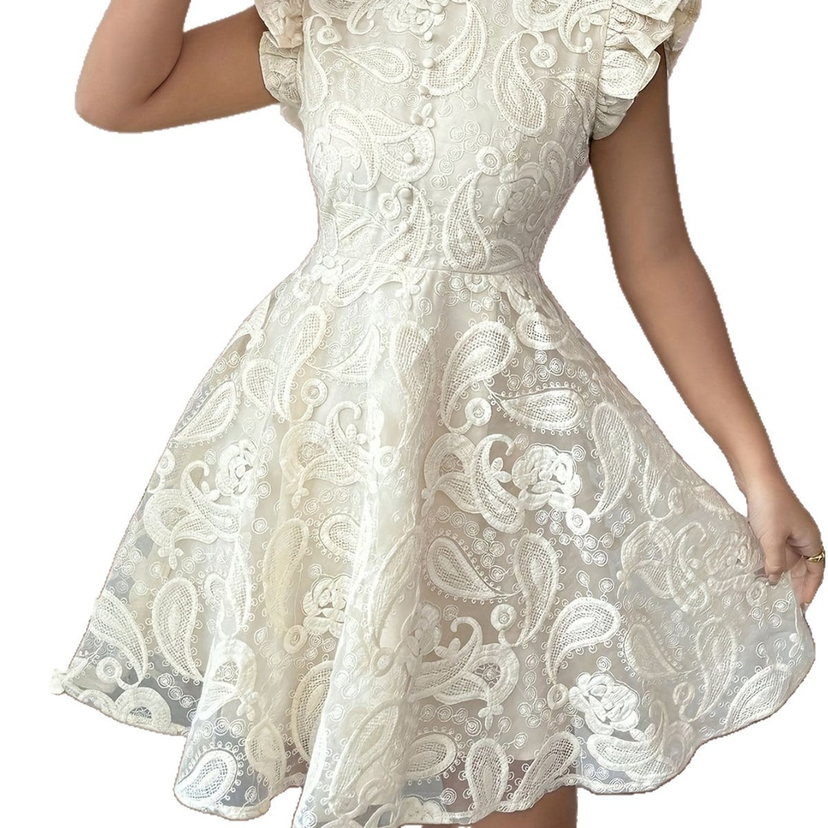 Lace Stand-collar Mini-sleeve Dress For Women by Ricaloux
