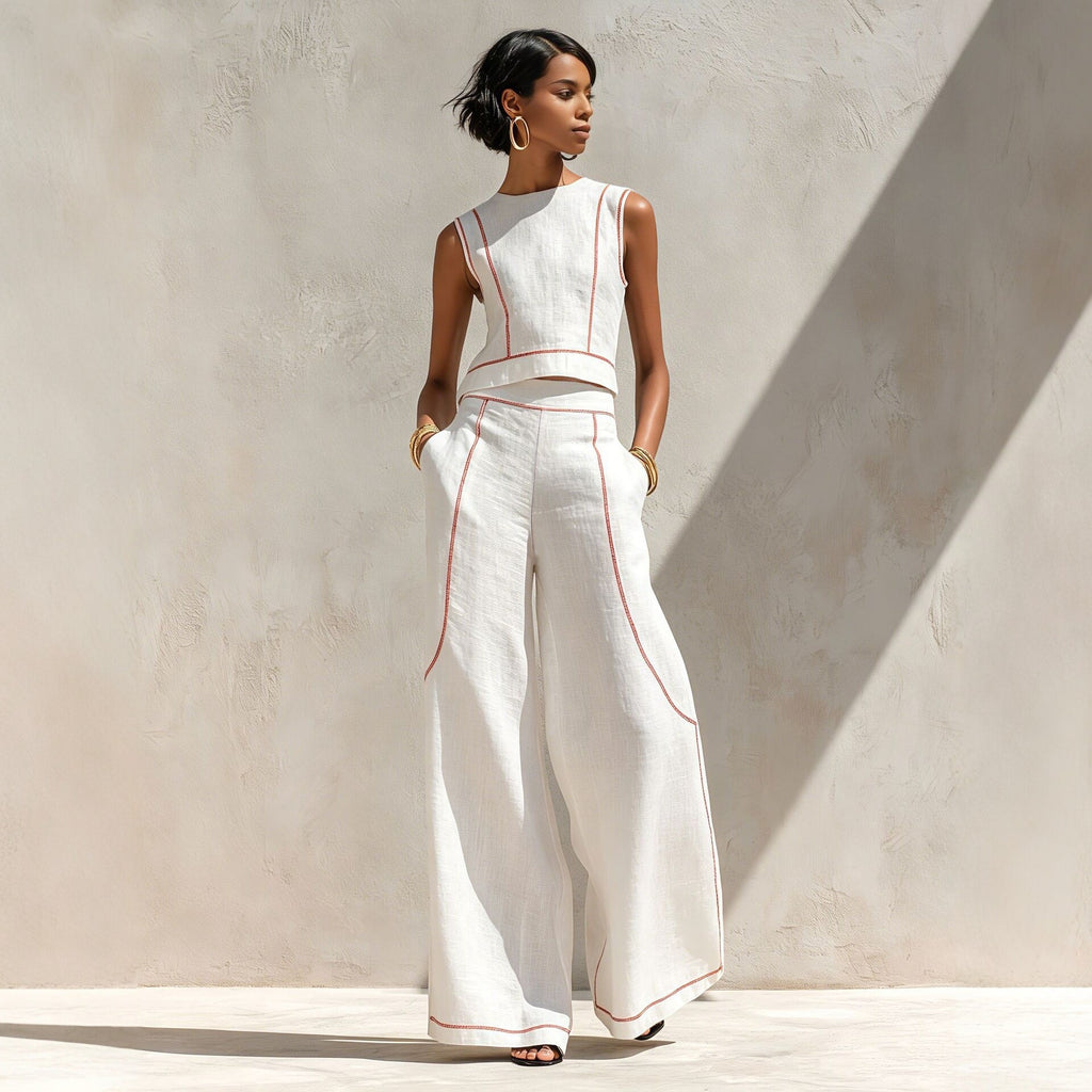 Sleeveless Color-Block Wide-Leg Pants Set Womens Summer Casual Chic Two-Piece Outfit by Ricaloux