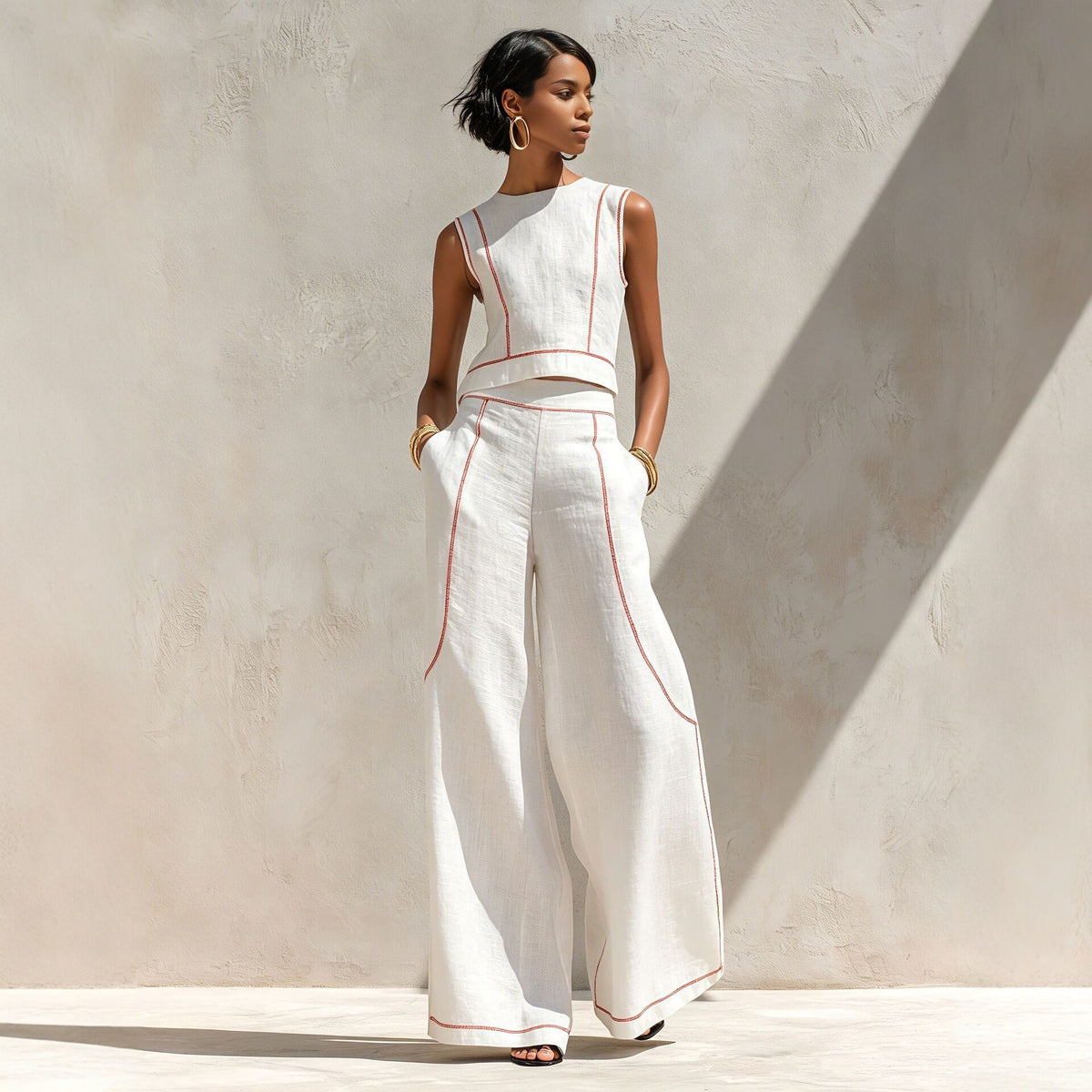 Sleeveless Color-Block Wide-Leg Pants Set Womens Summer Casual Chic Two-Piece Outfit by Ricaloux