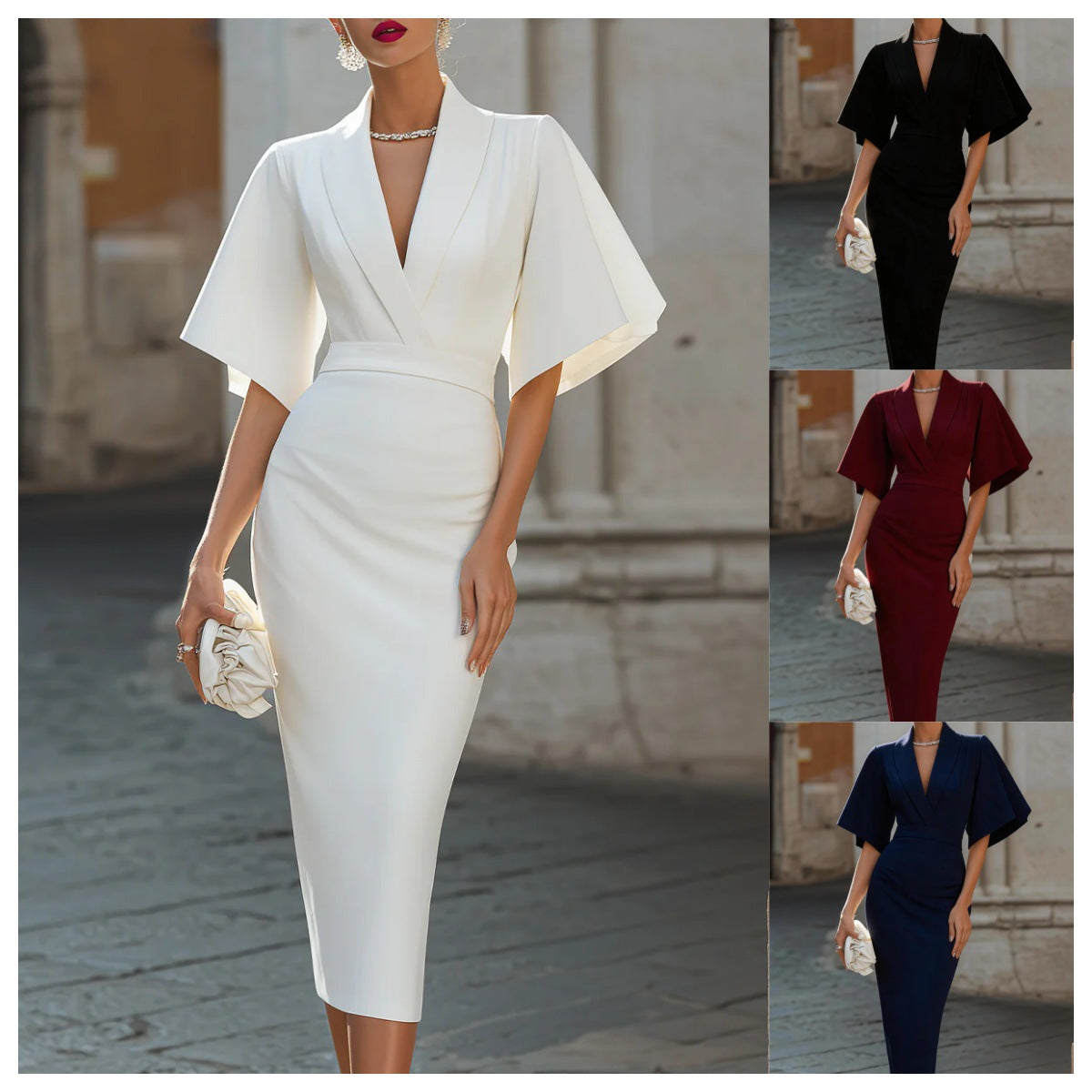 Womens V-neck, Flared-sleeve Sheath Midi Evening Dress – Premium 0 | RICALOUX