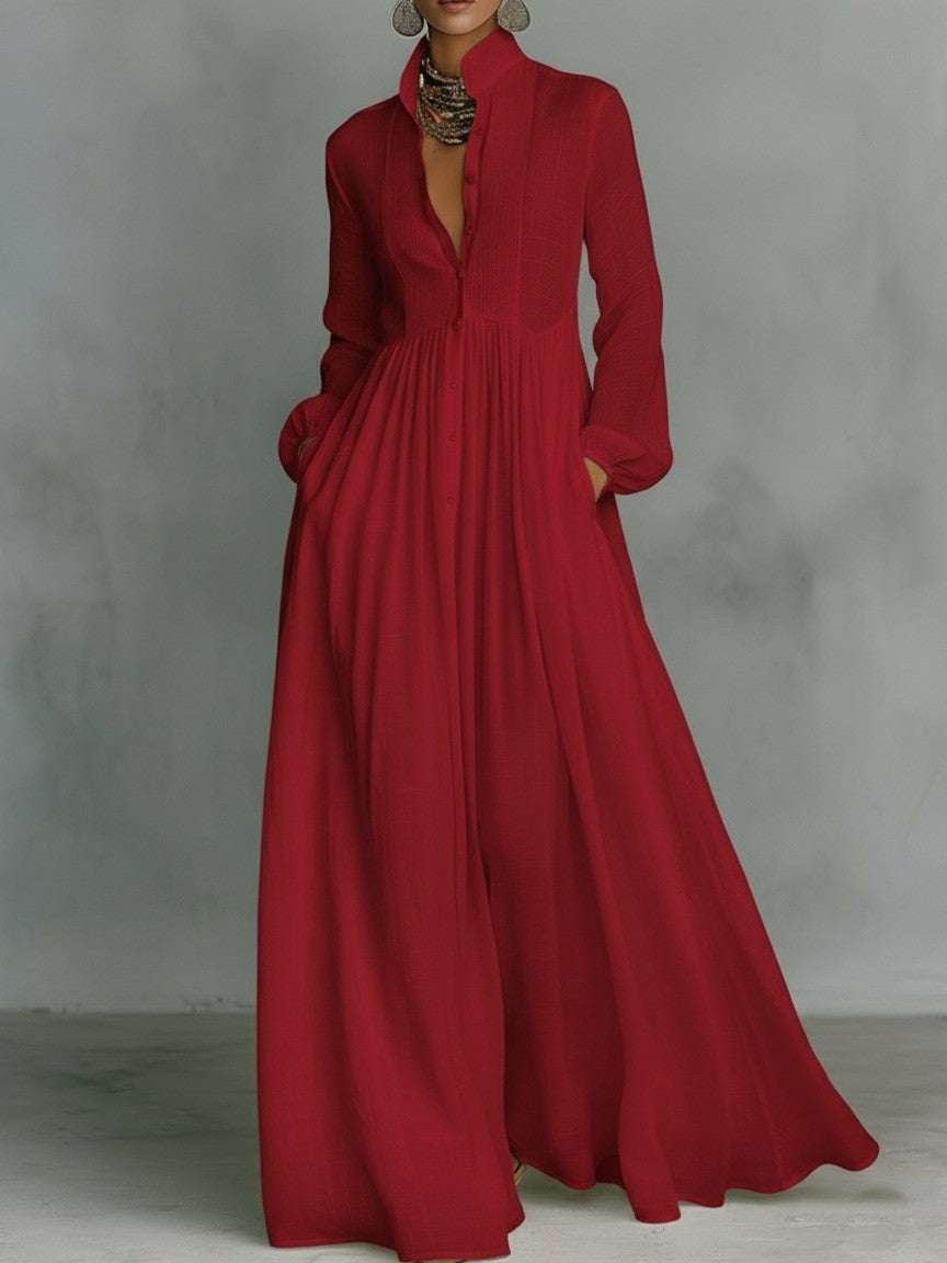 Elegant Stand Collar Button Down Maxi Dress - Long Sleeve Pleated Flowy Gown With Pockets by Ricaloux