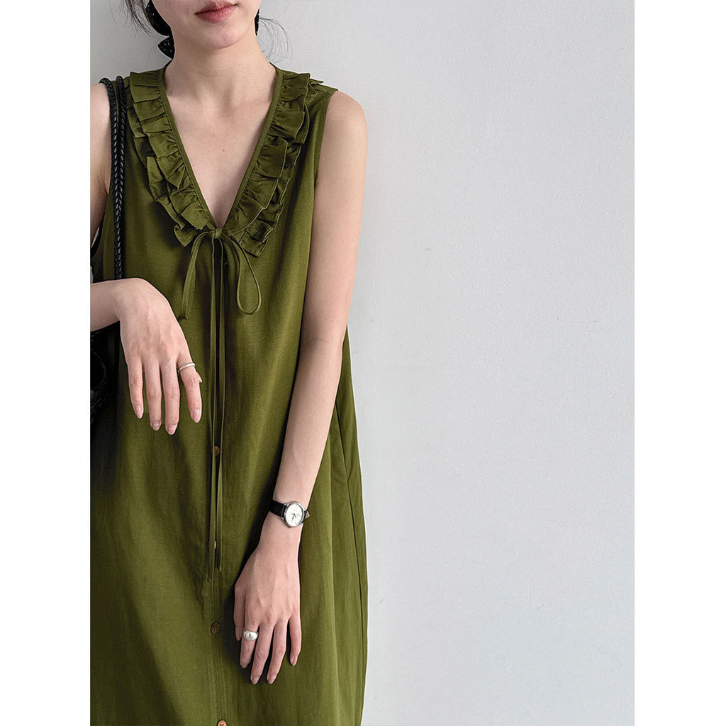 Womens Sleeveless V-Neck Dress With Ruffle Trim by Ricaloux