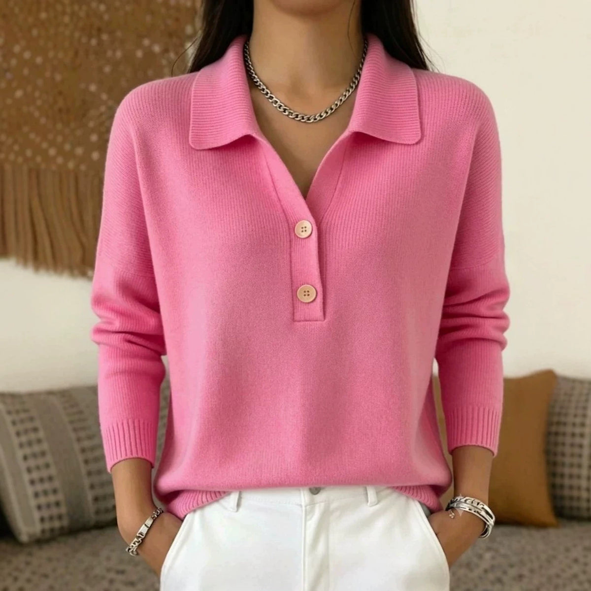Womens Knitted Sweater With Turn-Down Collar, Casual Knit Top – Premium 0 | RICALOUX