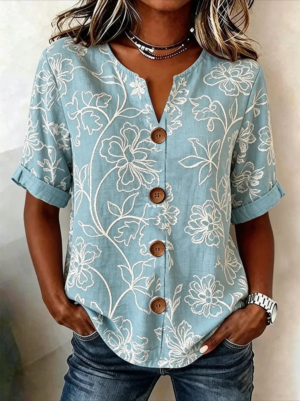 Lantern-sleeve Printed Button-up Womens Blouse by Ricaloux