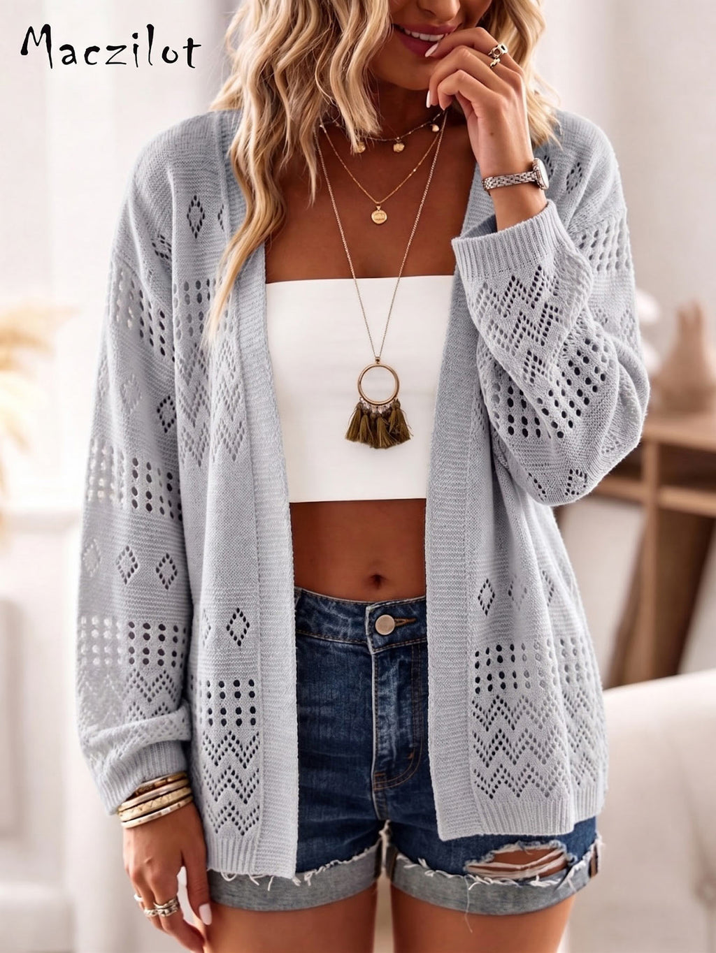 Women Boho Hollow Diamond Knit Cardigan Loose Long Sleeve Open Front Beach Cover Up by Ricaloux