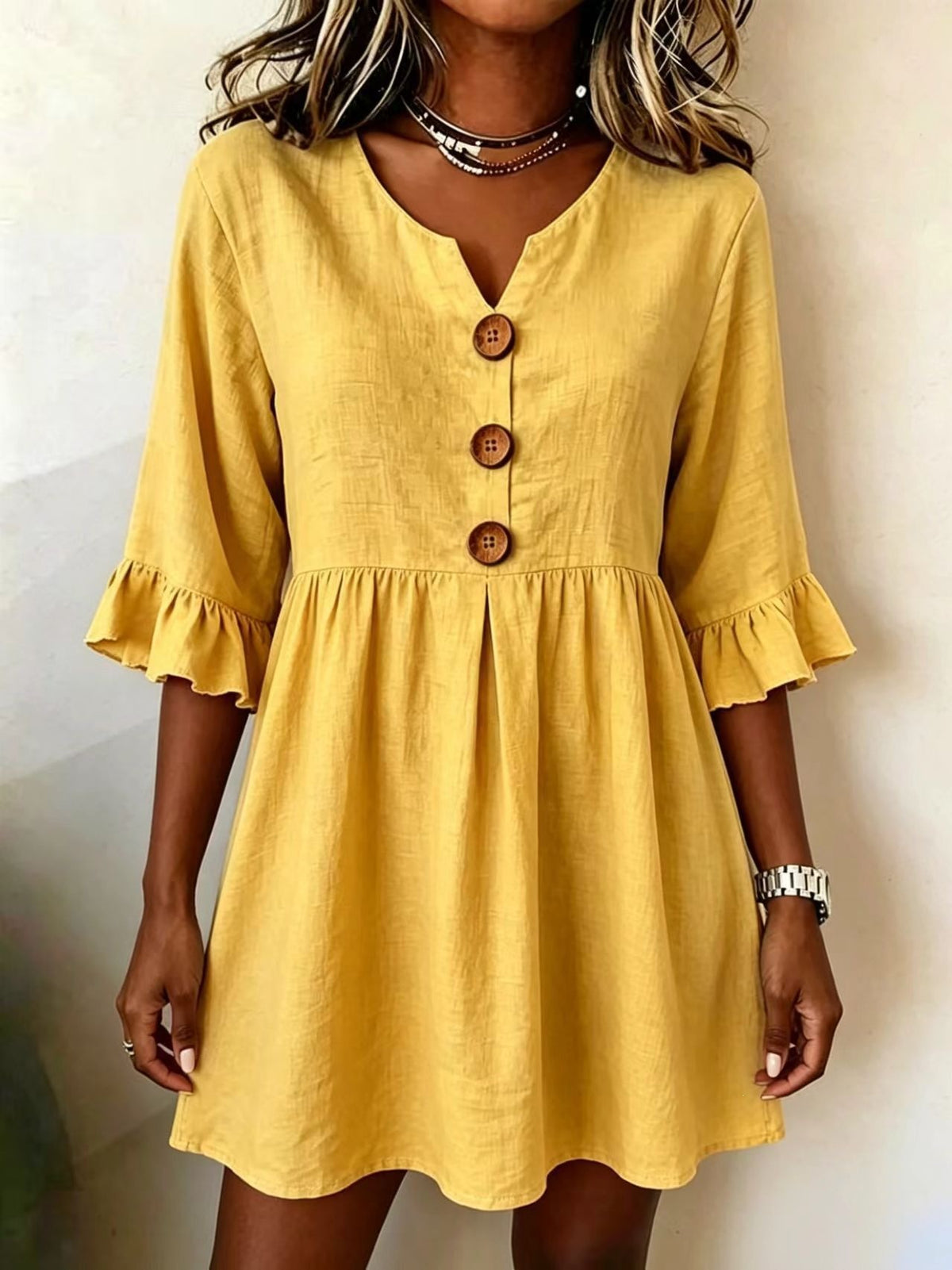 Womens V-neck Cotton-linen Side-detailed Dress – Premium 0 | RICALOUX