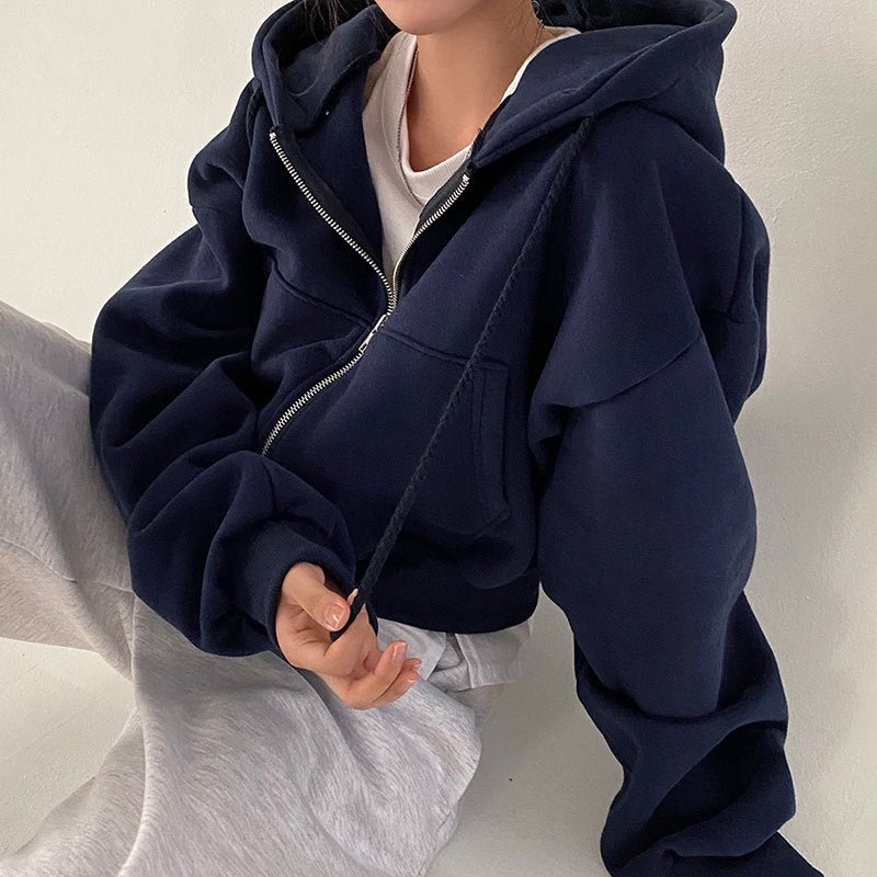Women's Loose Long Sleeve Zipper Pocket Hoodie - RICALOUX