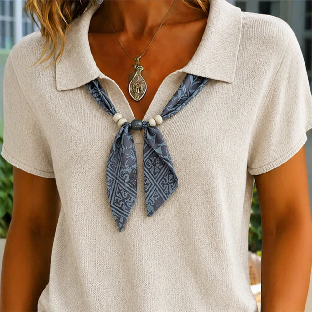 Womens Knitted Polo-neck Top With Short Sleeves And A Ribbon Detail by Ricaloux