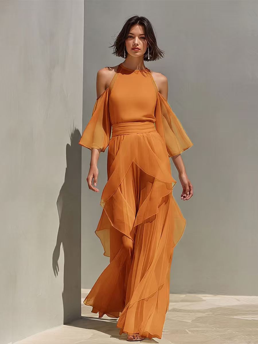 Womens Chiffon Blouse And Flare-sleeve Straight-leg Pants Set by Ricaloux