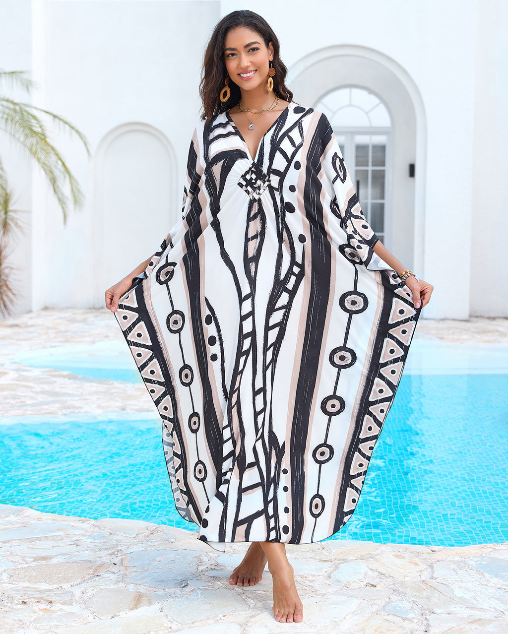 Printed Beach Cover-up Hand-knitted V-neck Plus-size Dress by Ricaloux