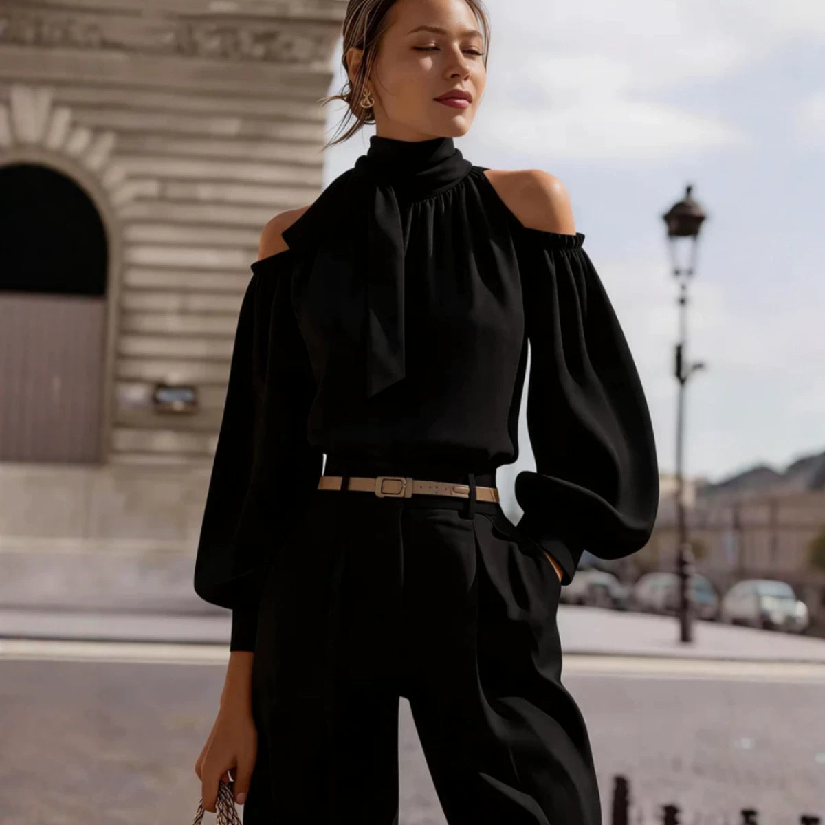 Womens Stand-collar Off-shoulder Top With Puff Sleeves by Ricaloux