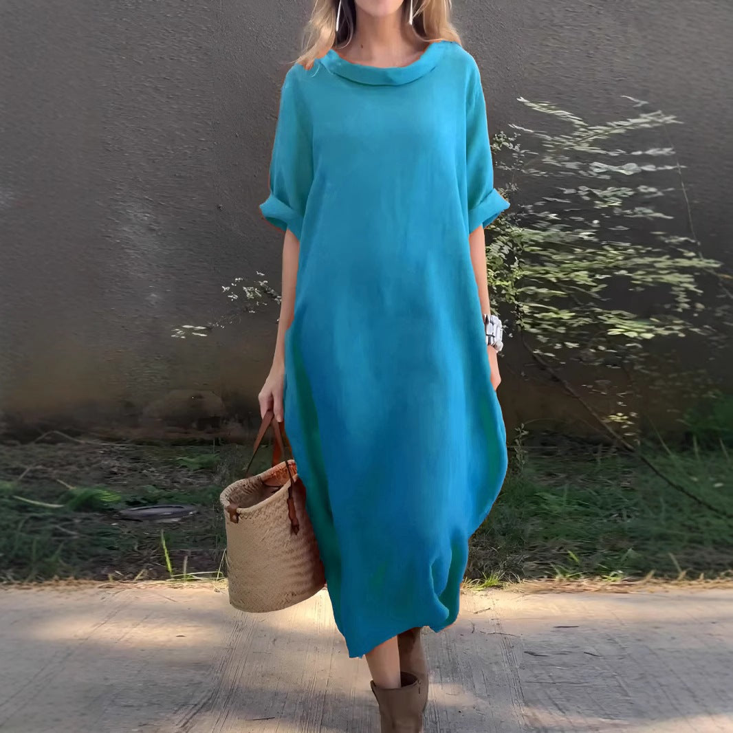 Casual Loose-fitting Round-neck Mid-sleeve Maxi Dress With A Flared Hem – Premium 0 | RICALOUX