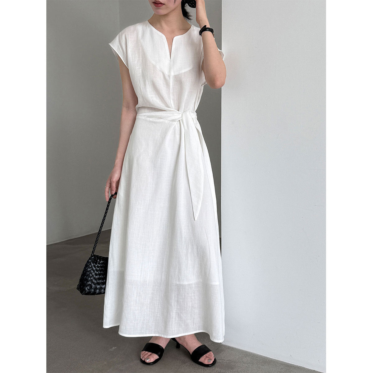 Womens Flax Irregular Strap Cinched Waist Dress – Premium 0 | RICALOUX