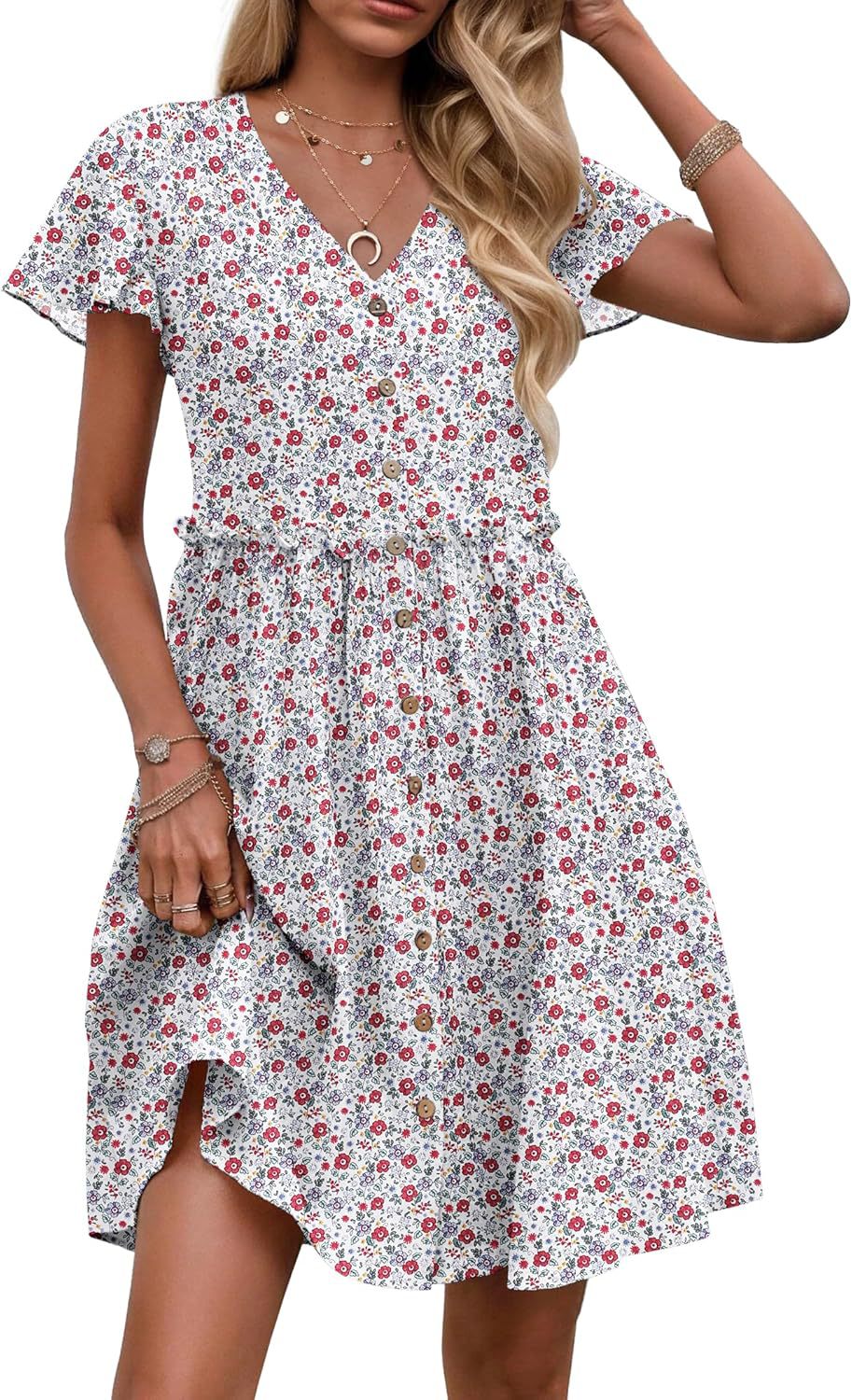 Bohemian-style Vacation V-neck Short-sleeve Ruffled Womens Dress by Ricaloux