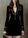 Elegant Vintage Black Velvet Gold Embroidery And Zip Front Mini Dress – Premium 4 | RICALOUX