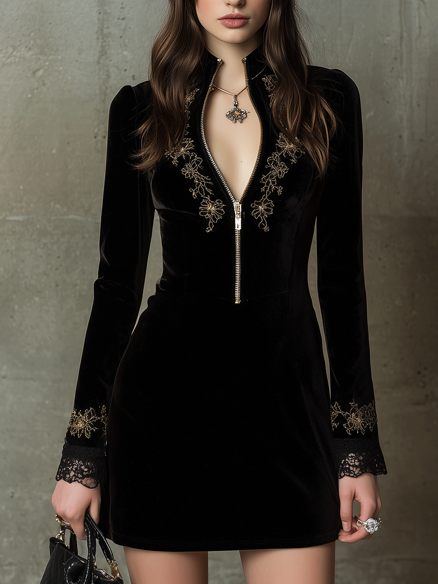 Elegant Vintage Black Velvet Gold Embroidery And Zip Front Mini Dress – Premium 4 | RICALOUX