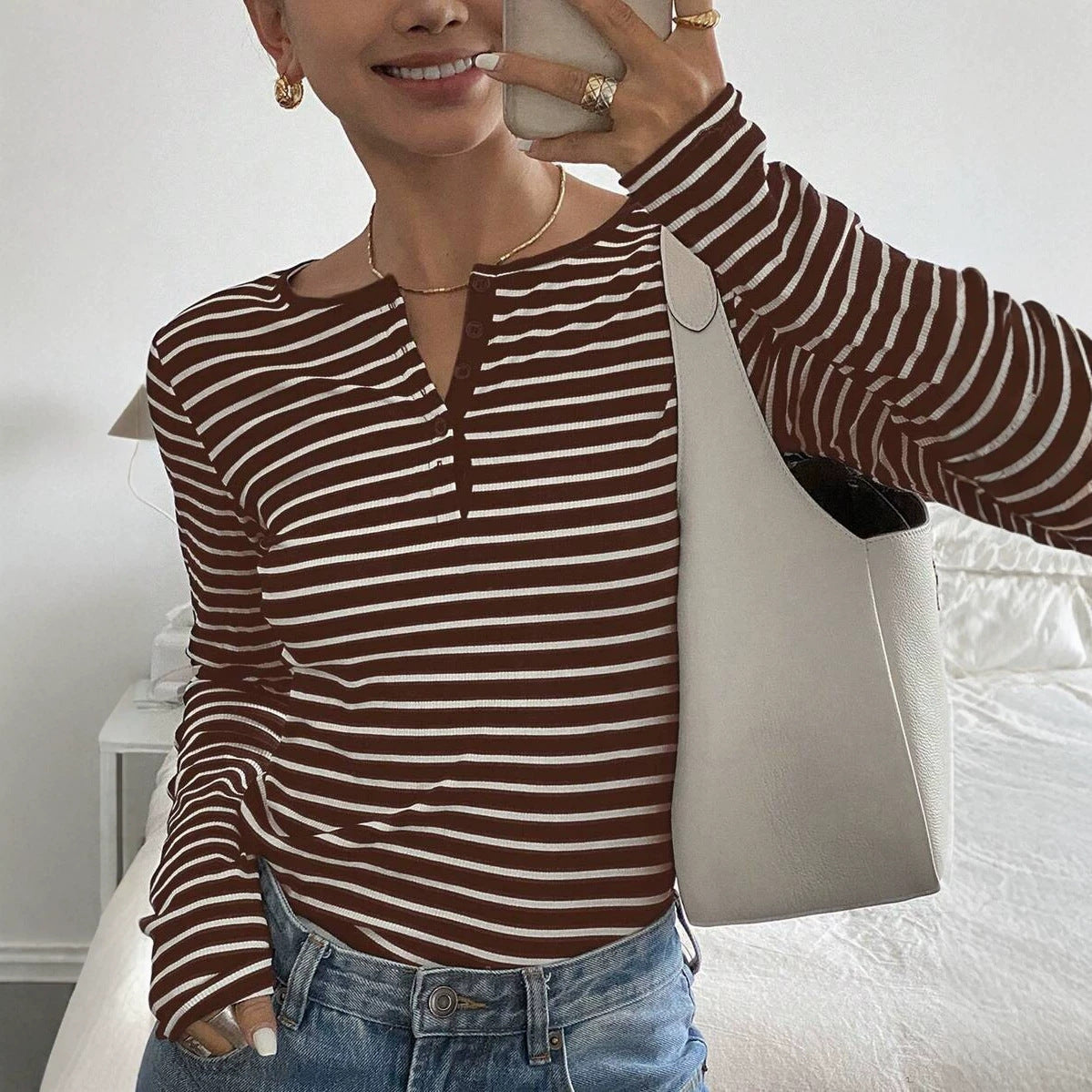 Striped Loose-Fit Long-Sleeve T-Shirt Casual Fashion Top For Women – Premium 0 | RICALOUX