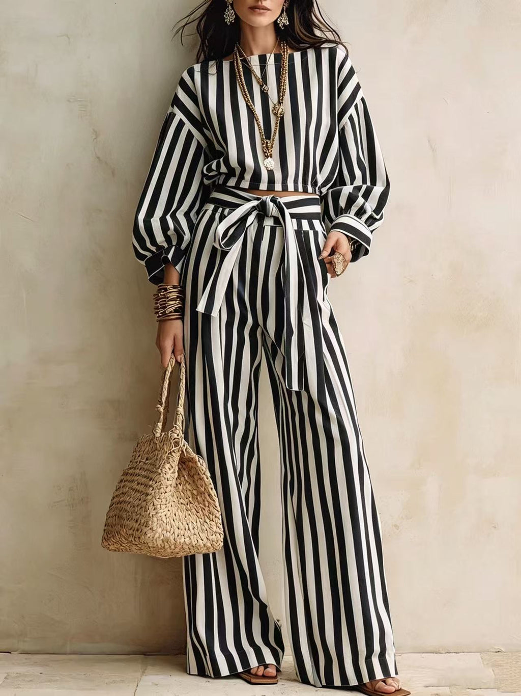 Womens Striped Cropped Top And Casual Lace-up Wide-leg Pants Set – Premium 0 | RICALOUX