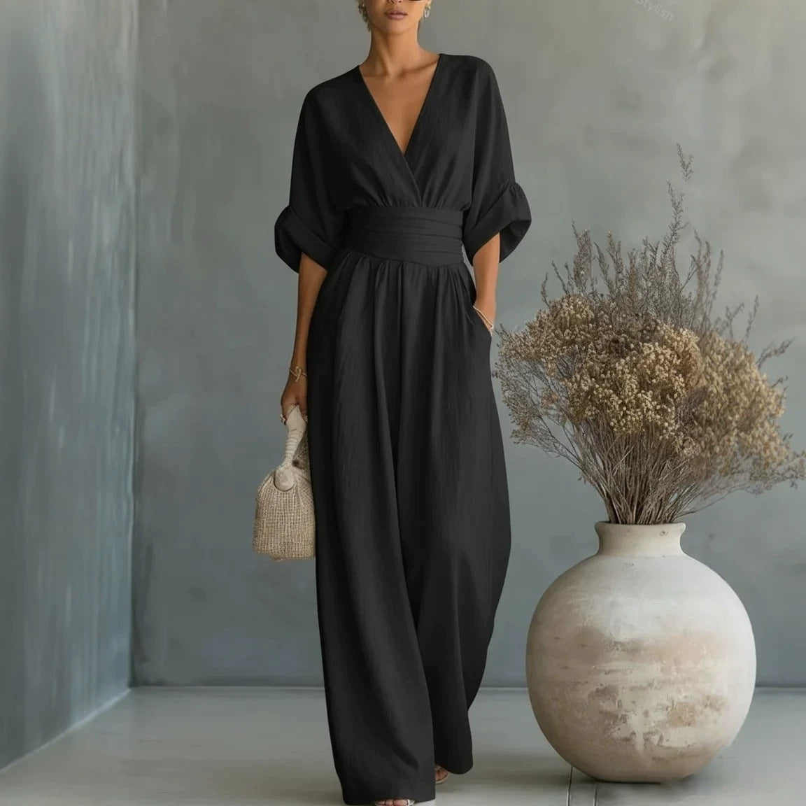Summer Short-sleeved Jumpsuit Fashion Casual V-Neck Wide-Leg Pants Womens Clothing by Ricaloux