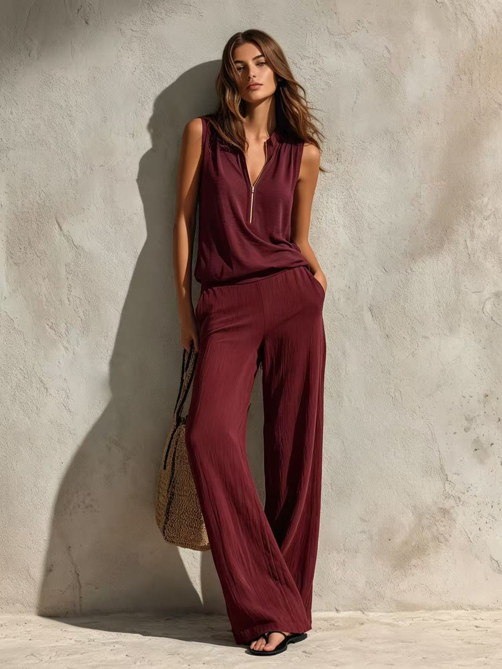 Resort-style Sleeveless Zip-neck Top And Relaxed-fit Pants Set – Premium 0 | RICALOUX